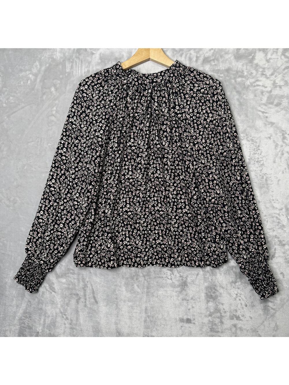 Gap Blouse Womens Medium Black Floral Long Sleeve Mockneck Rayon Smocked Top
